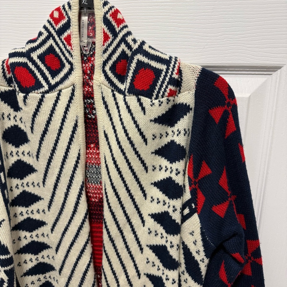 Tea Collection Navy, Cream & Red Geometric Open-Front Cardigan - Picture 2 of 5